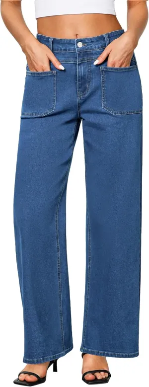 GRAPENT Wide Leg Jeans for Women Trendy High Waisted Loose Straight Leg Stretchy Retro Denim Pants with Pouch Pockets