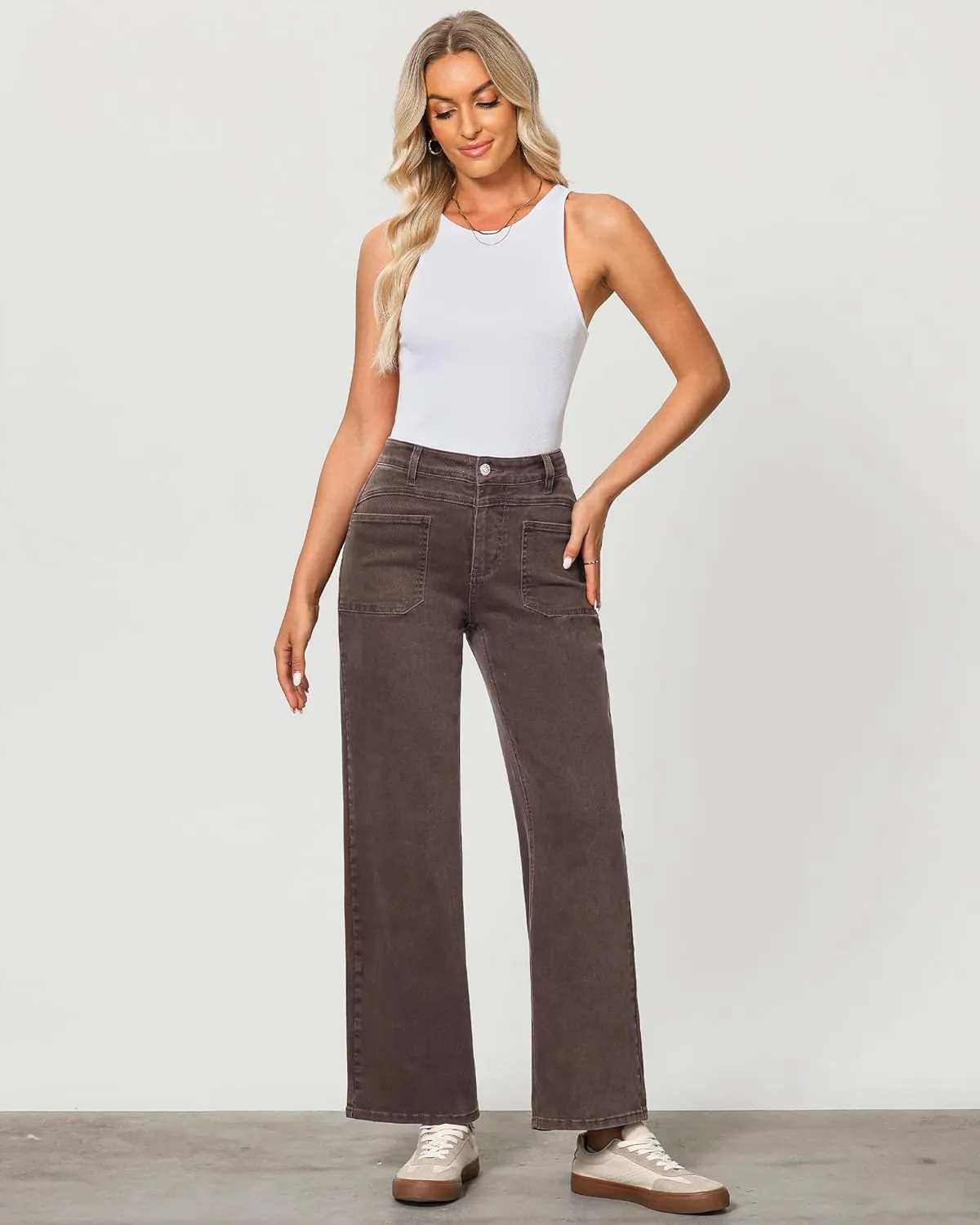 GRAPENT Wide Leg Jeans for Women Trendy High Waisted Loose Straight Leg Stretchy Retro Denim Pants with Pouch Pockets