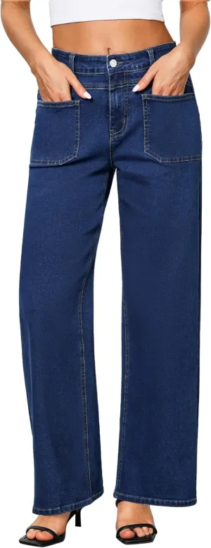 GRAPENT Wide Leg Jeans for Women Trendy High Waisted Loose Straight Leg Stretchy Retro Denim Pants with Pouch Pockets