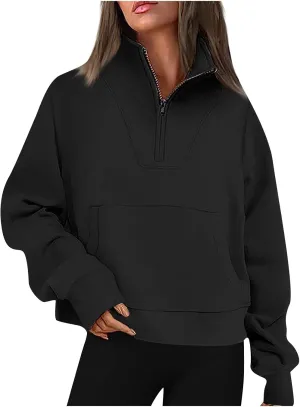 Half Zip Up Hoodies For Women Crop Women's Fall Sweatshirt Long Sleeve Kangaroo Pocket Pullover Tops Loose Fit Sweatshirts