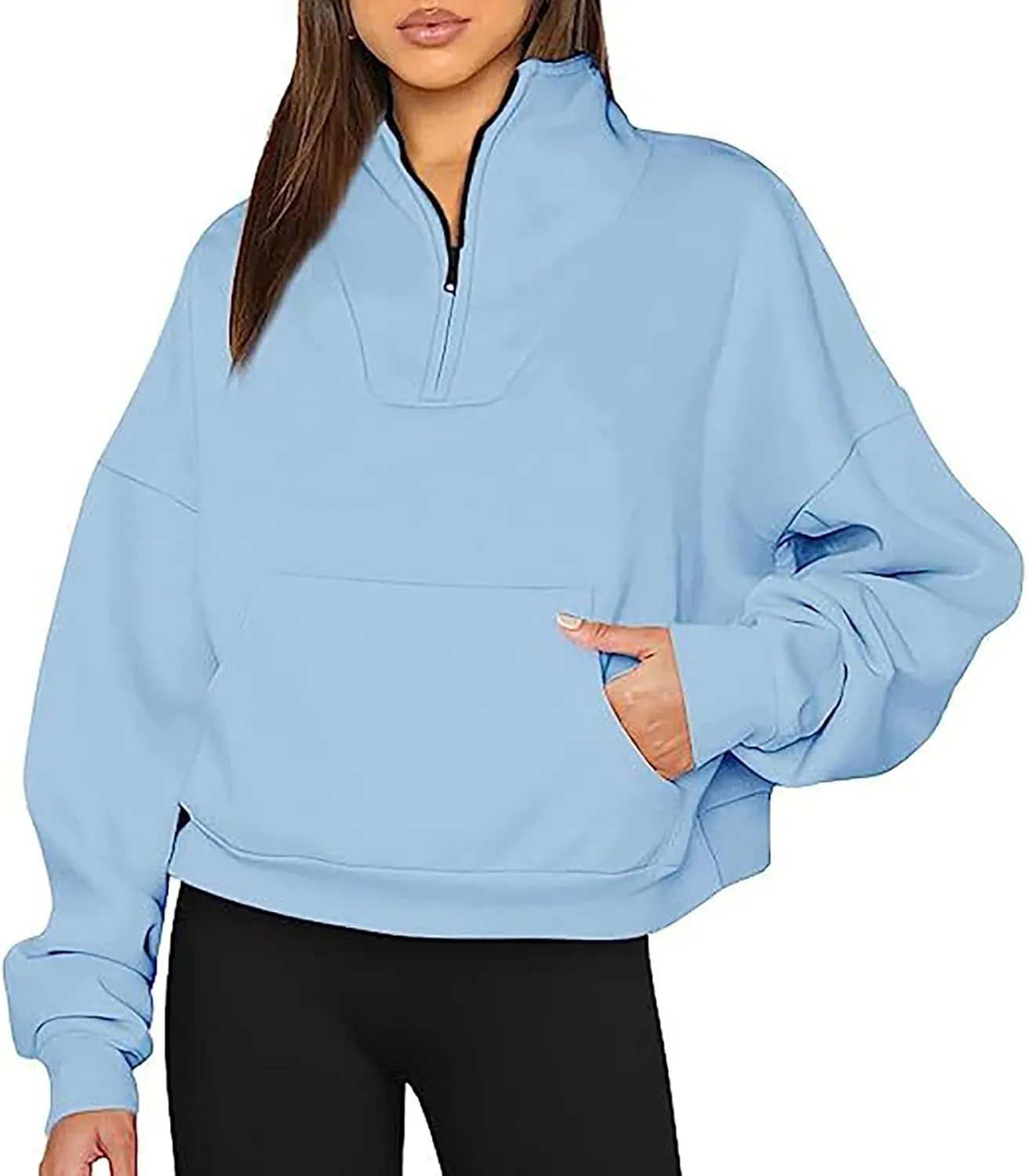 Half Zip Up Hoodies For Women Crop Women's Fall Sweatshirt Long Sleeve Kangaroo Pocket Pullover Tops Loose Fit Sweatshirts