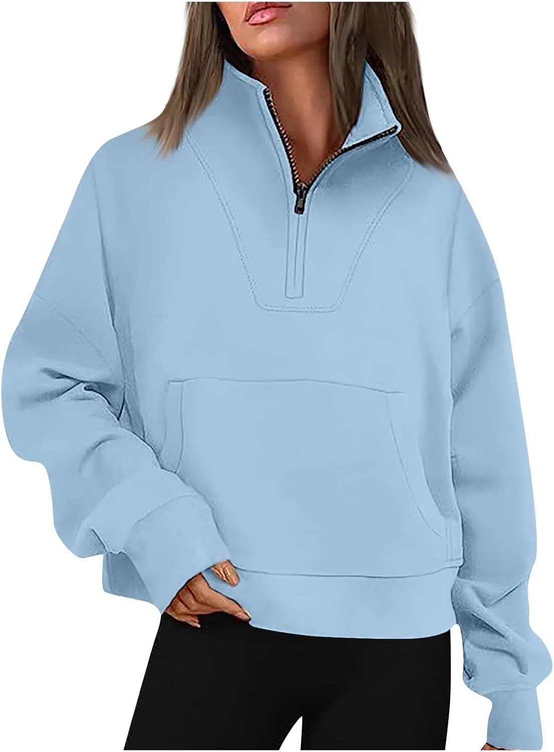 Half Zip Up Hoodies For Women Crop Women's Fall Sweatshirt Long Sleeve Kangaroo Pocket Pullover Tops Loose Fit Sweatshirts