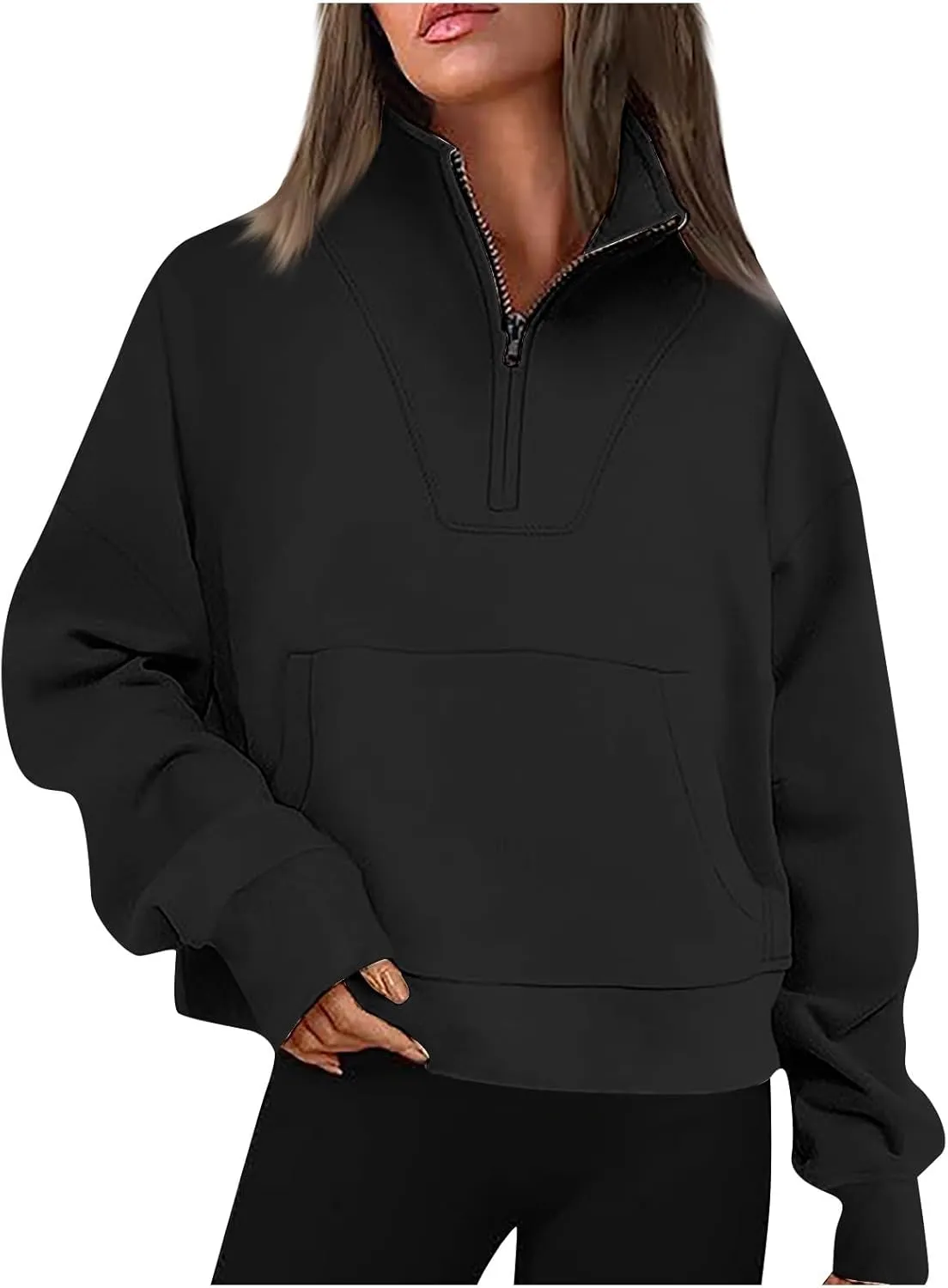 Half Zip Up Hoodies For Women Crop Women's Fall Sweatshirt Long Sleeve Kangaroo Pocket Pullover Tops Loose Fit Sweatshirts