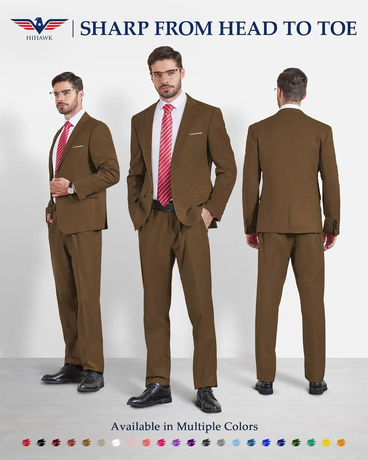 Hihawk Men's Slim Fit 2 Piece Suit, 2 Button Solid Jacket Pants Set