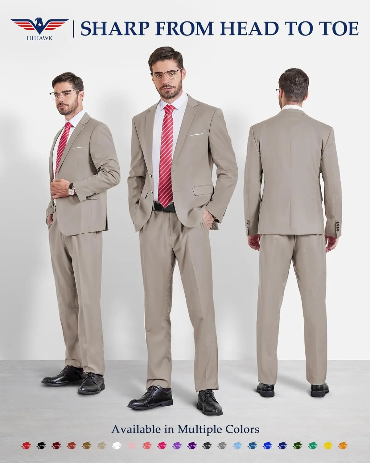Hihawk Men's Slim Fit 2 Piece Suit, 2 Button Solid Jacket Pants Set