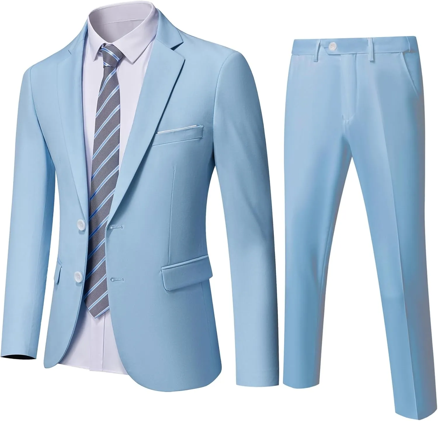 Hihawk Men's Slim Fit 2 Piece Suit, 2 Button Solid Jacket Pants Set