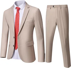 Hihawk Men's Slim Fit 2 Piece Suit, 2 Button Solid Jacket Pants Set