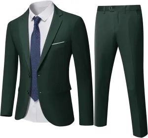 Hihawk Men's Slim Fit 2 Piece Suit, 2 Button Solid Jacket Pants Set