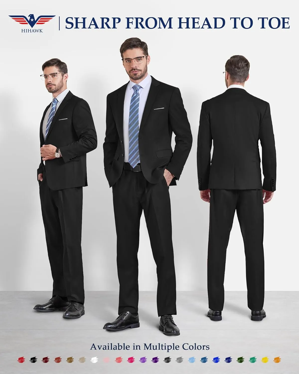 Hihawk Men's Slim Fit 2 Piece Suit, 2 Button Solid Jacket Pants Set