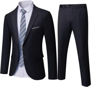 Hihawk Men's Slim Fit 2 Piece Suit, 2 Button Solid Jacket Pants Set
