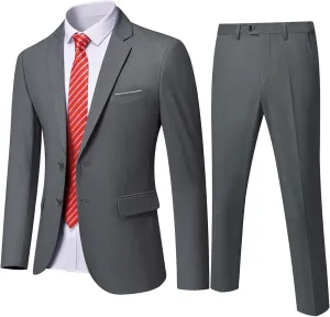 Hihawk Men's Slim Fit 2 Piece Suit, 2 Button Solid Jacket Pants Set