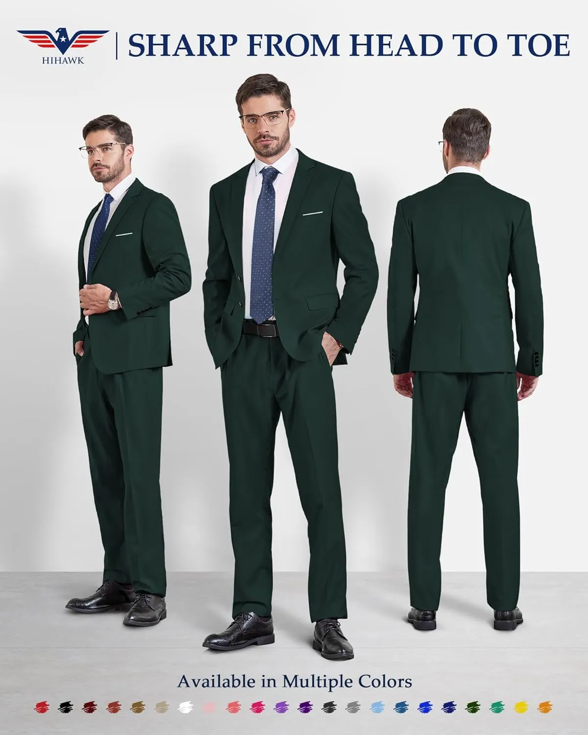 Hihawk Men's Slim Fit 2 Piece Suit, 2 Button Solid Jacket Pants Set