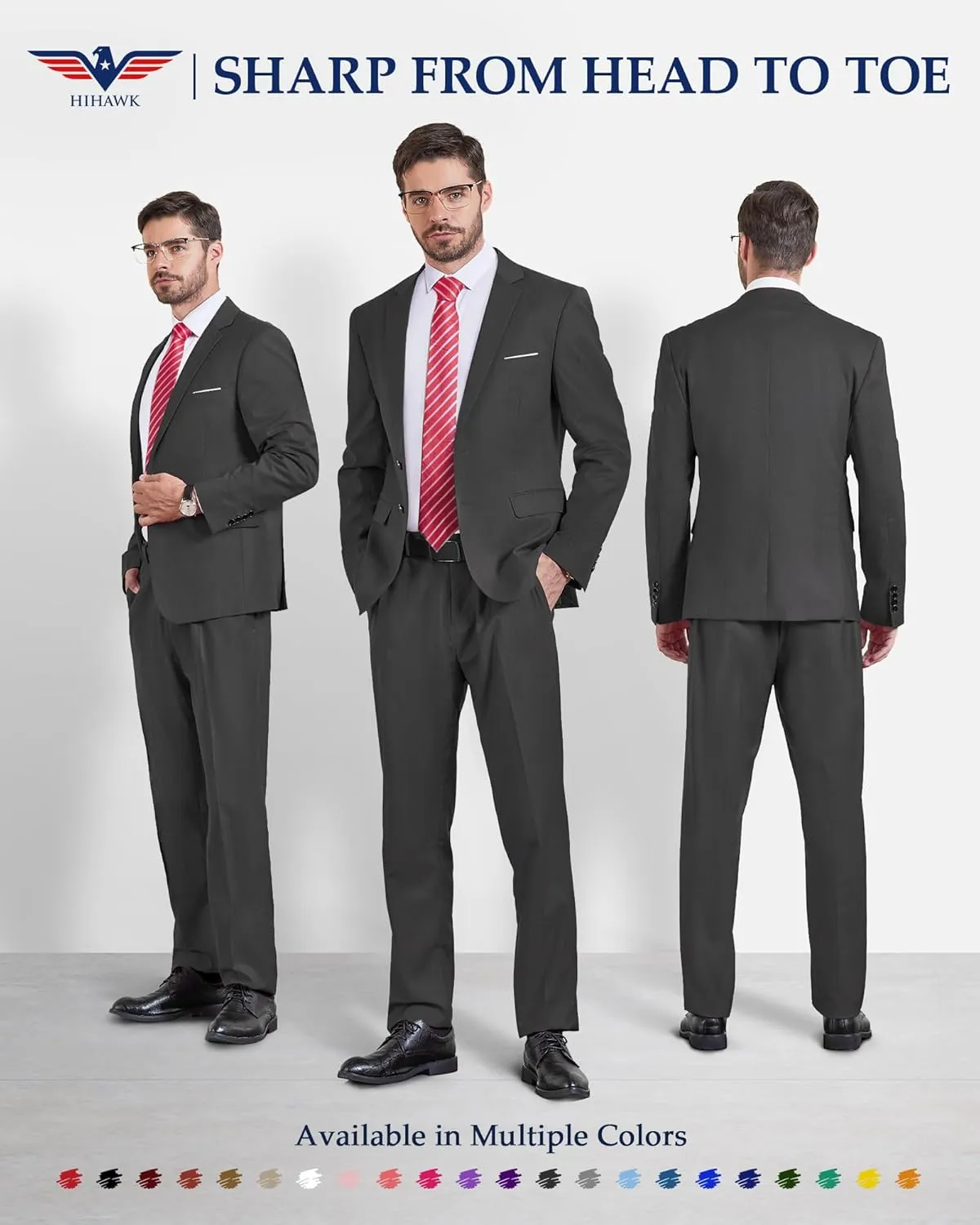 Hihawk Men's Slim Fit 2 Piece Suit, 2 Button Solid Jacket Pants Set