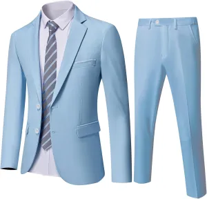 Hihawk Men's Slim Fit 2 Piece Suit, 2 Button Solid Jacket Pants Set