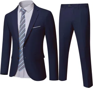 Hihawk Men's Slim Fit 2 Piece Suit, 2 Button Solid Jacket Pants Set