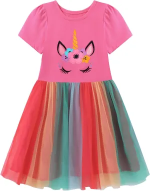 HILEELANG Girl Easter Dresses Short Ruffle Sleeve Cotton Tulle Tutu Birthday Party Dresses