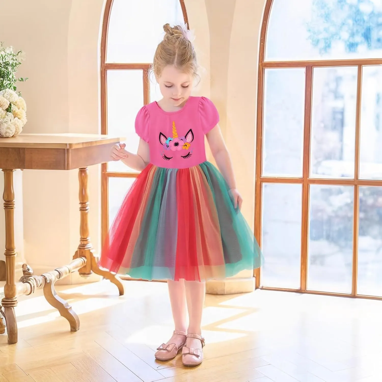 HILEELANG Girl Easter Dresses Short Ruffle Sleeve Cotton Tulle Tutu Birthday Party Dresses