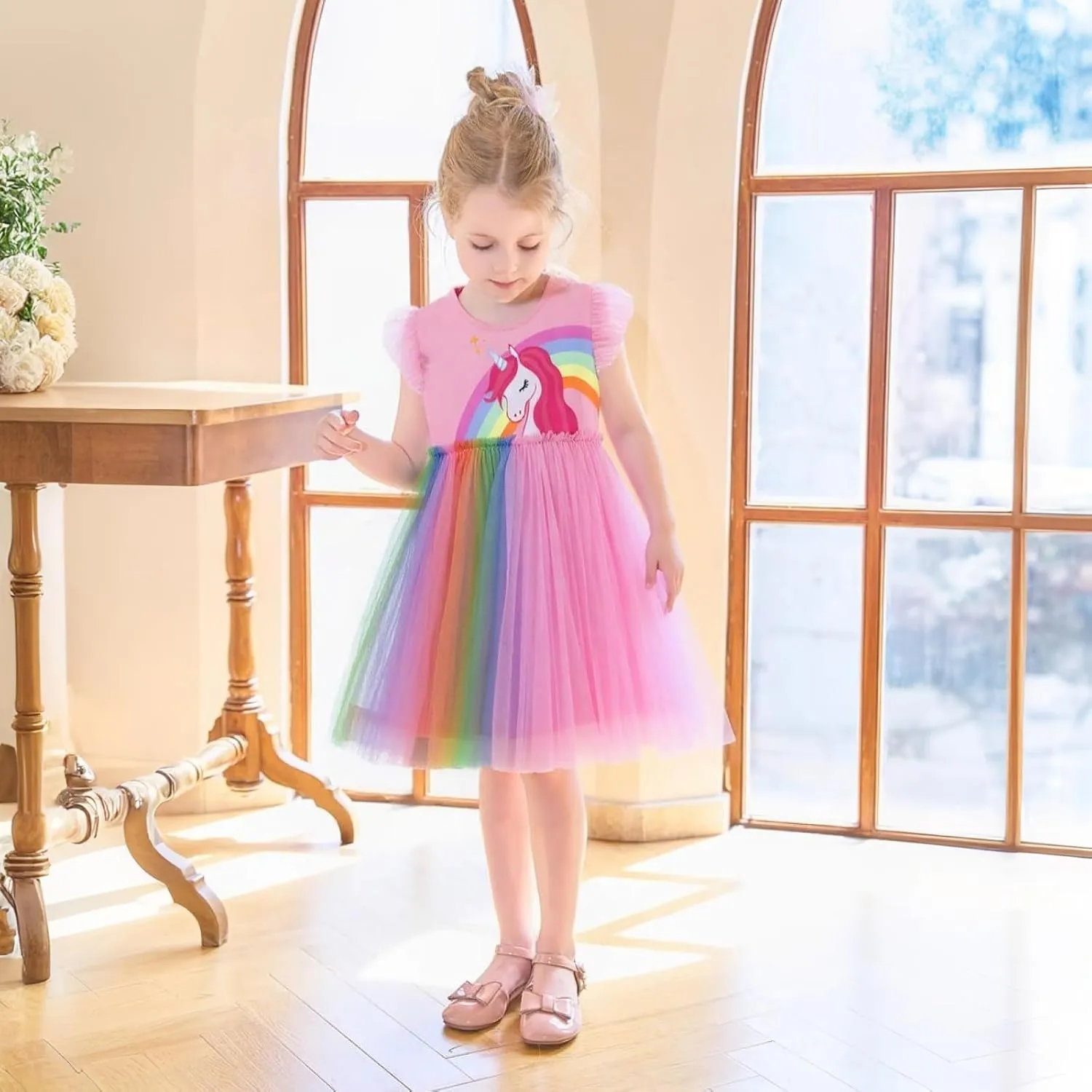 HILEELANG Girl Easter Dresses Short Ruffle Sleeve Cotton Tulle Tutu Birthday Party Dresses