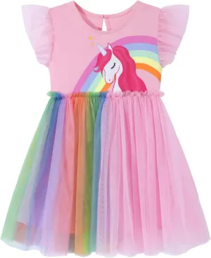 HILEELANG Girl Easter Dresses Short Ruffle Sleeve Cotton Tulle Tutu Birthday Party Dresses