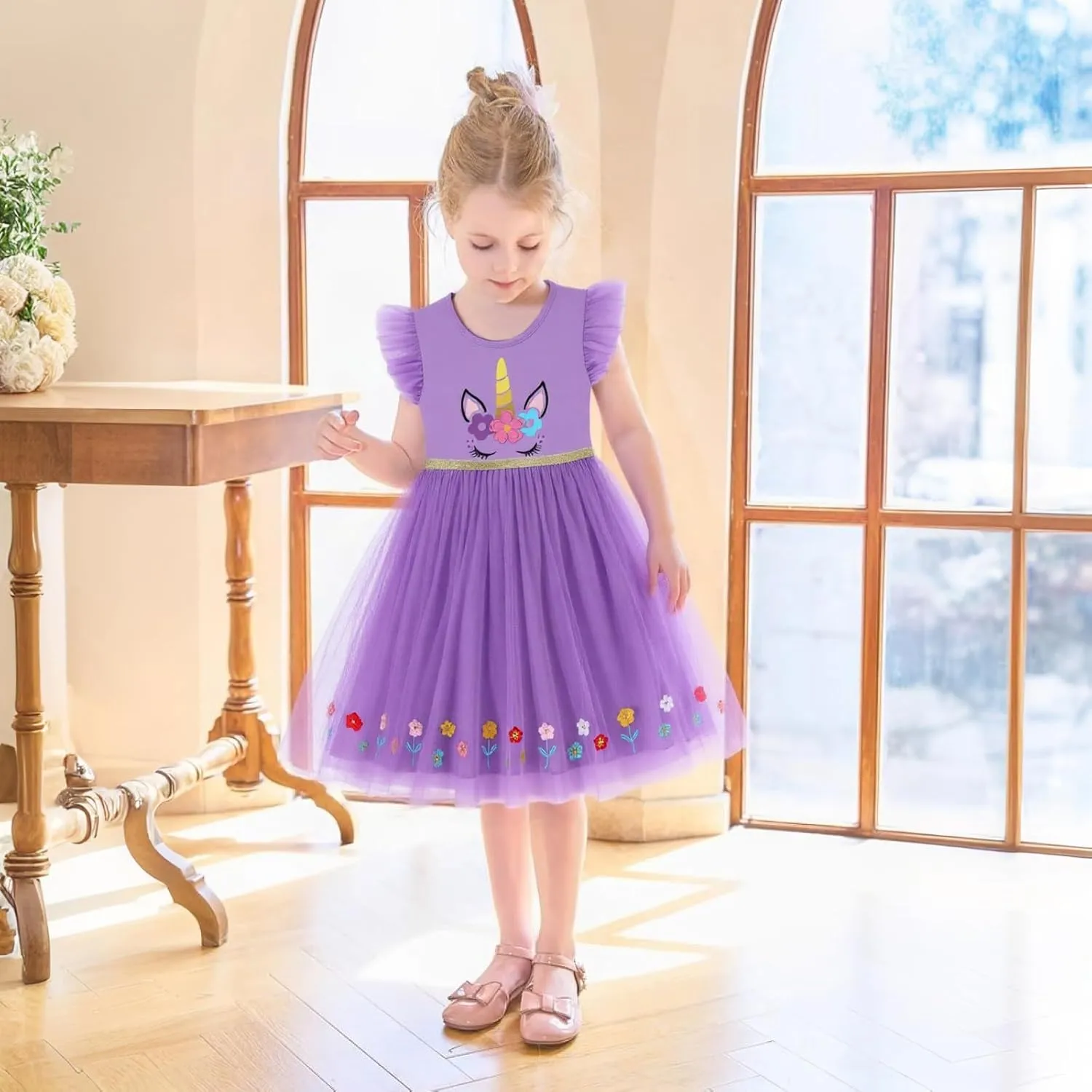 HILEELANG Girl Easter Dresses Short Ruffle Sleeve Cotton Tulle Tutu Birthday Party Dresses