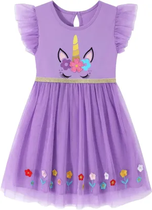 HILEELANG Girl Easter Dresses Short Ruffle Sleeve Cotton Tulle Tutu Birthday Party Dresses