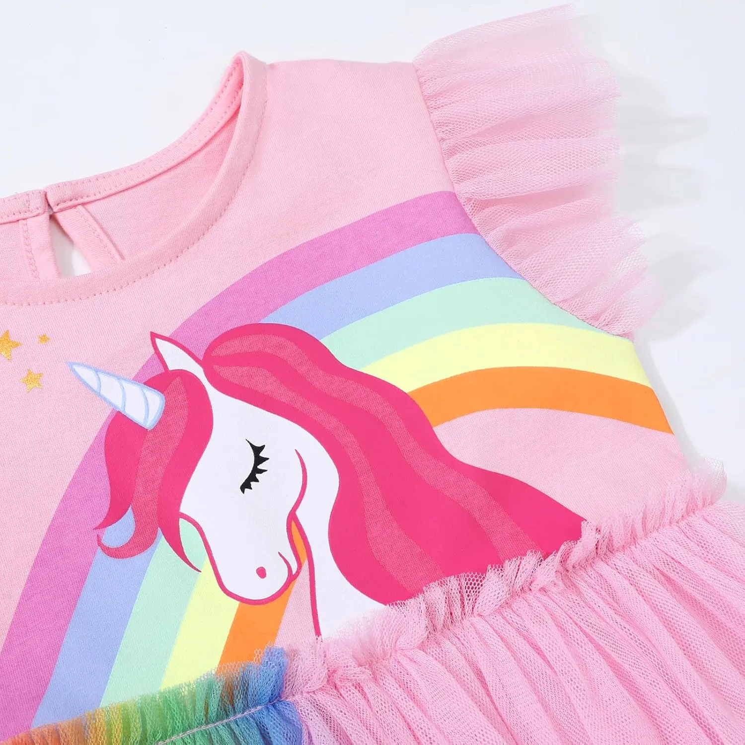 HILEELANG Girl Easter Dresses Short Ruffle Sleeve Cotton Tulle Tutu Birthday Party Dresses