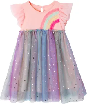 HILEELANG Girl Easter Dresses Short Ruffle Sleeve Cotton Tulle Tutu Birthday Party Dresses