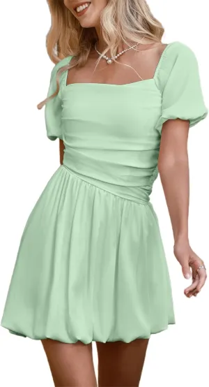 HYPERFIRE Women's Square Neck Short Puff Sleeve Bubble Dress Smocked Ruched Dresses Casual Wear