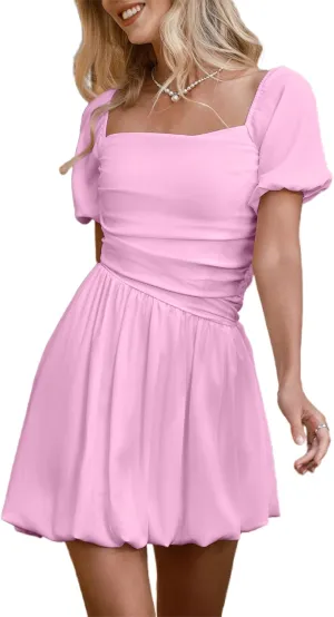 HYPERFIRE Women's Square Neck Short Puff Sleeve Bubble Dress Smocked Ruched Dresses Casual Wear
