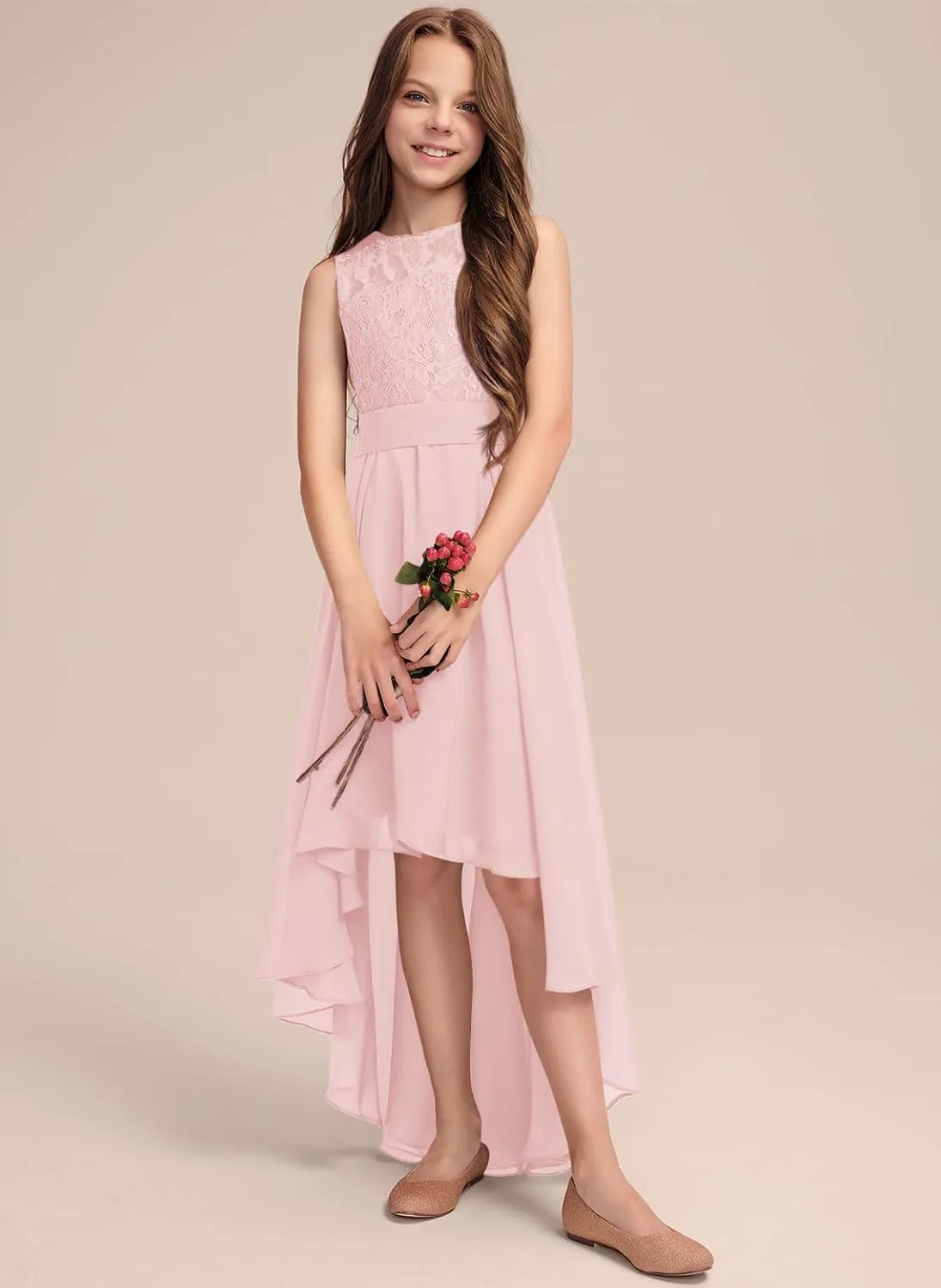 Junior Bridesmaid Dress for Teen Girls, Flower Girl Dresses Formal A-line Scoop Asymmetrical Chiffon Lace
