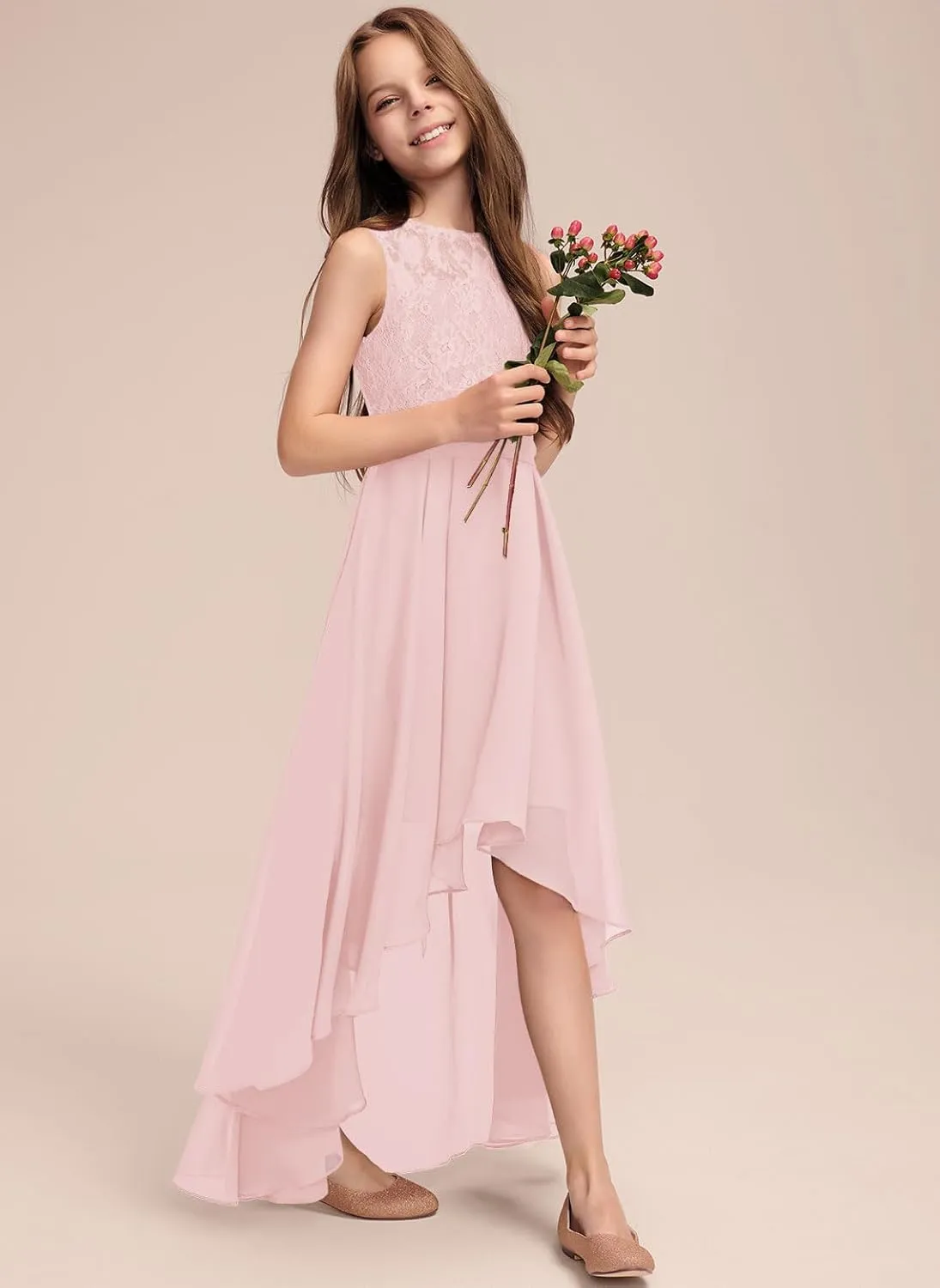 Junior Bridesmaid Dress for Teen Girls, Flower Girl Dresses Formal A-line Scoop Asymmetrical Chiffon Lace