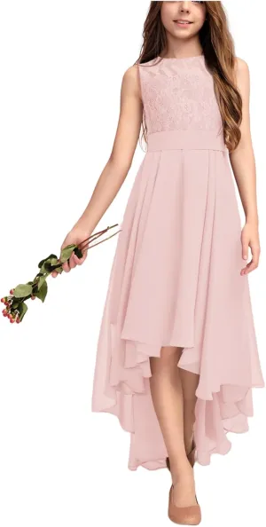 Junior Bridesmaid Dress for Teen Girls, Flower Girl Dresses Formal A-line Scoop Asymmetrical Chiffon Lace