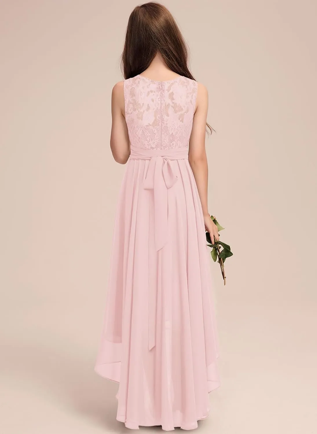 Junior Bridesmaid Dress for Teen Girls, Flower Girl Dresses Formal A-line Scoop Asymmetrical Chiffon Lace