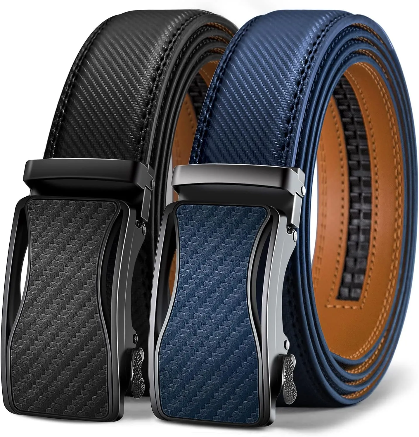 KEMISANT Mens Ratchet Belt 2 Units,Sliding Belt For Gift Mens Dress Casual 1 3/8",Size Adjustable