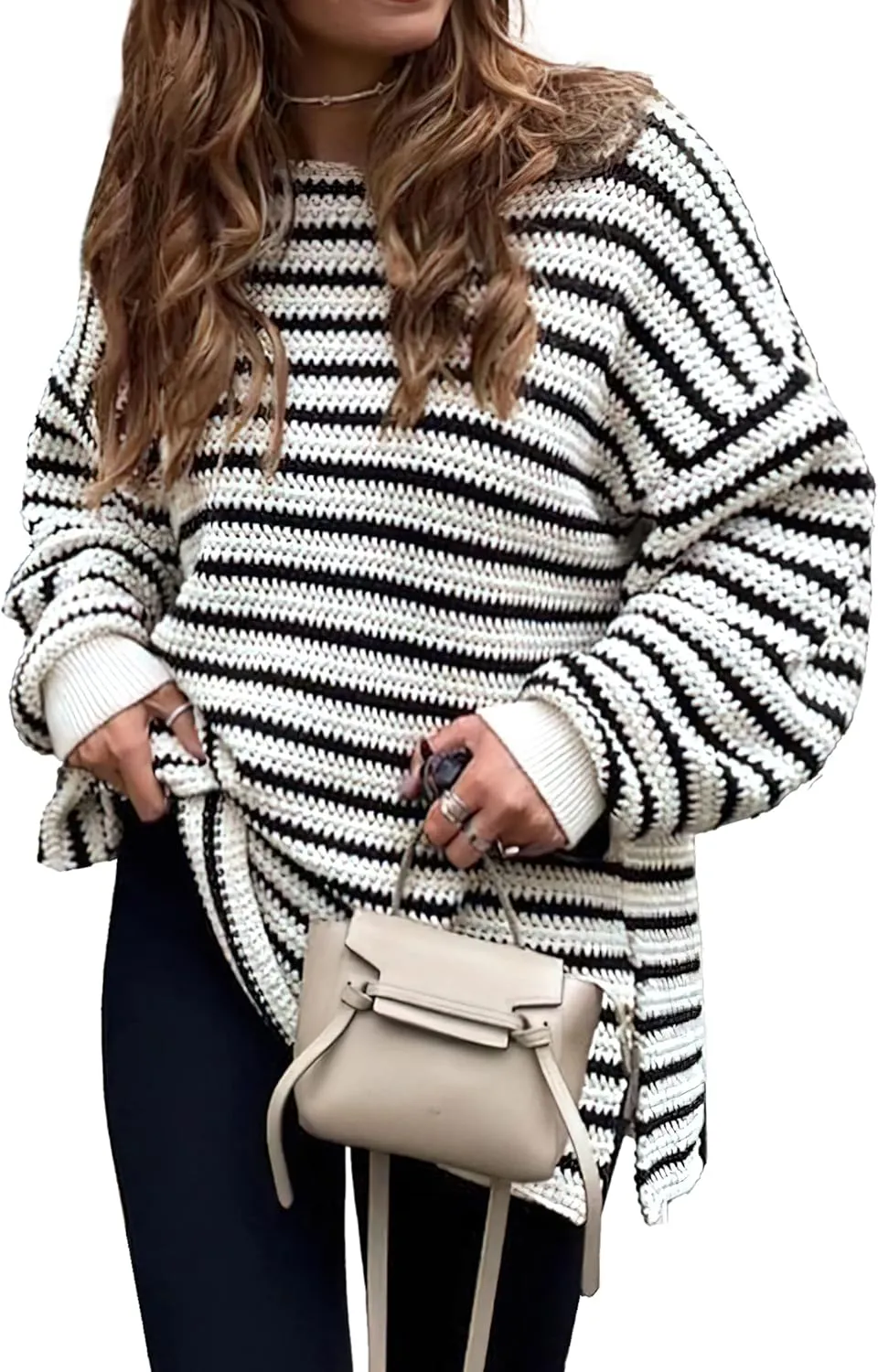 KIRUNDO Women's 2025 Fall Winter Oversized Long Sleeve Striped Sweater Casual Crewneck Side Split Pullover Knit Tops
