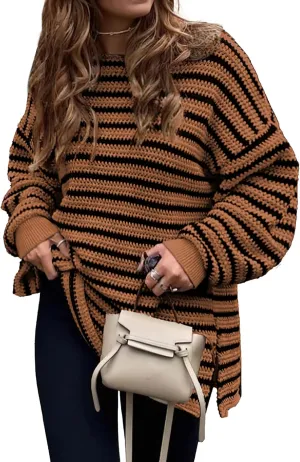 KIRUNDO Women's 2025 Fall Winter Oversized Long Sleeve Striped Sweater Casual Crewneck Side Split Pullover Knit Tops