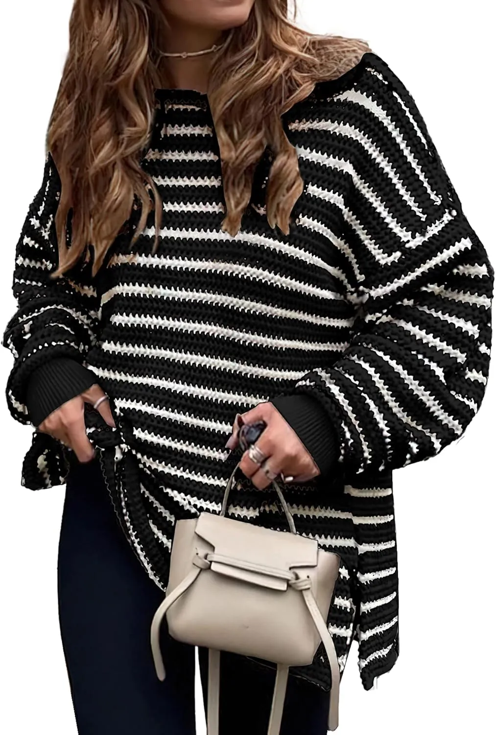 KIRUNDO Women's 2025 Fall Winter Oversized Long Sleeve Striped Sweater Casual Crewneck Side Split Pullover Knit Tops