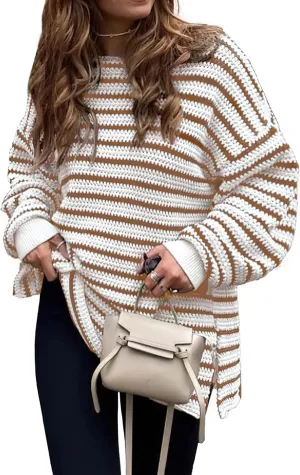 KIRUNDO Women's 2025 Fall Winter Oversized Long Sleeve Striped Sweater Casual Crewneck Side Split Pullover Knit Tops