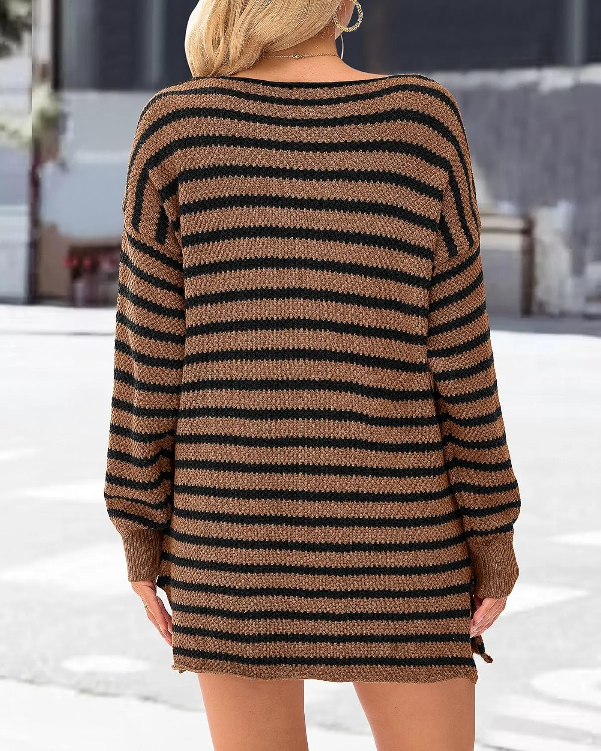 KIRUNDO Women's 2025 Fall Winter Oversized Long Sleeve Striped Sweater Casual Crewneck Side Split Pullover Knit Tops