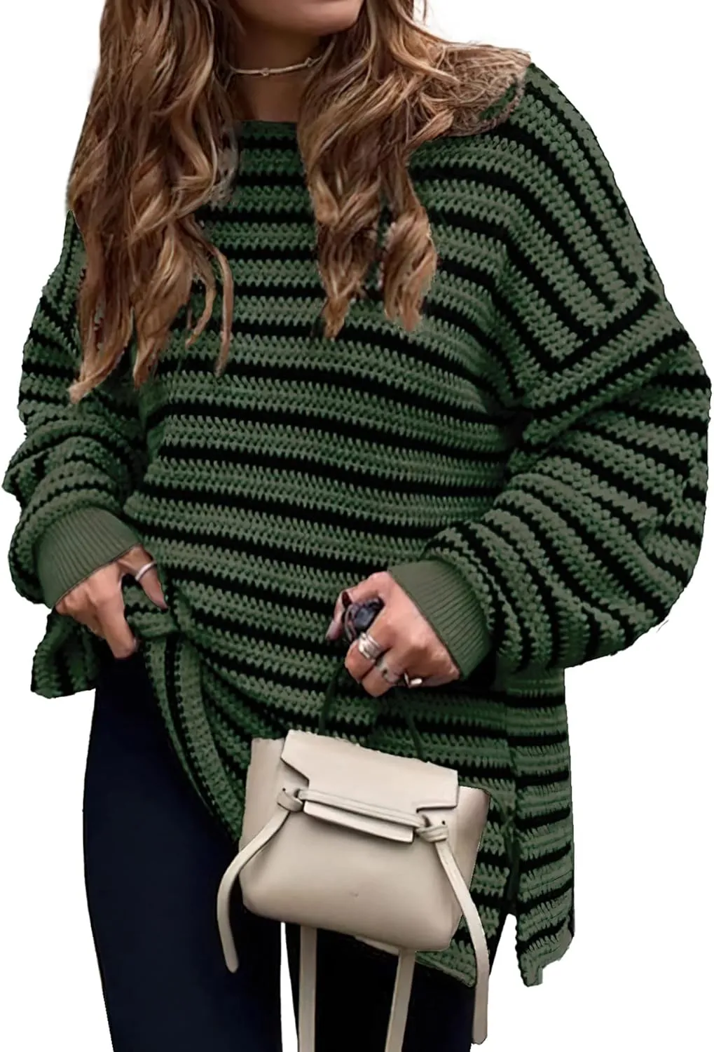 KIRUNDO Women's 2025 Fall Winter Oversized Long Sleeve Striped Sweater Casual Crewneck Side Split Pullover Knit Tops