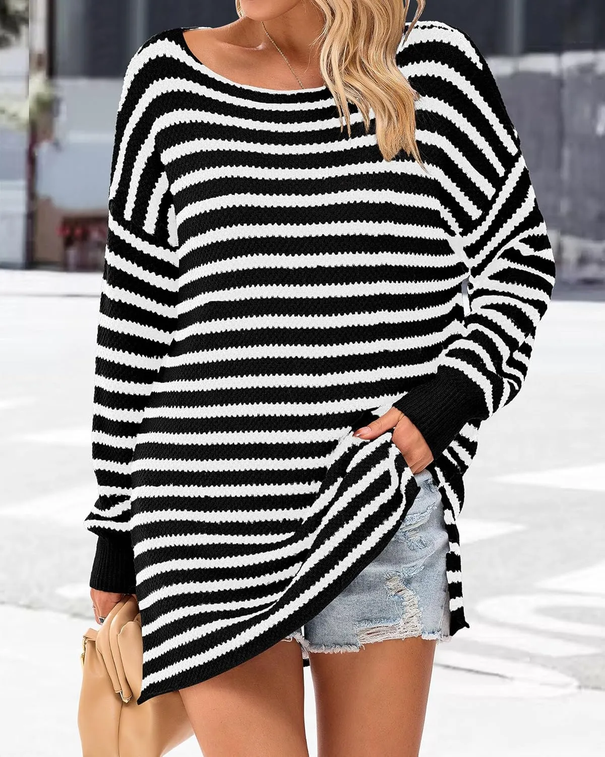 KIRUNDO Women's 2025 Fall Winter Oversized Long Sleeve Striped Sweater Casual Crewneck Side Split Pullover Knit Tops