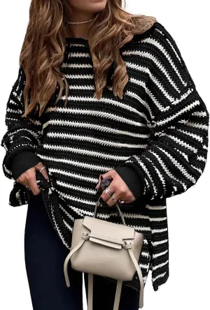 KIRUNDO Women's 2025 Fall Winter Oversized Long Sleeve Striped Sweater Casual Crewneck Side Split Pullover Knit Tops