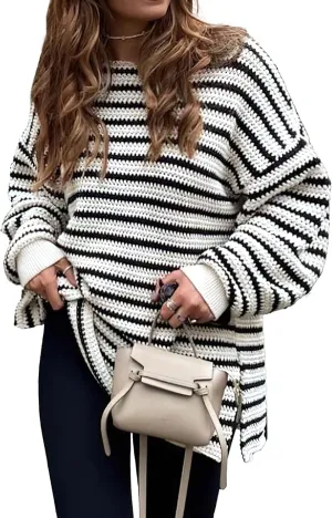 KIRUNDO Women's 2025 Fall Winter Oversized Long Sleeve Striped Sweater Casual Crewneck Side Split Pullover Knit Tops