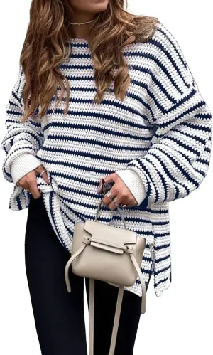 KIRUNDO Women's 2025 Fall Winter Oversized Long Sleeve Striped Sweater Casual Crewneck Side Split Pullover Knit Tops