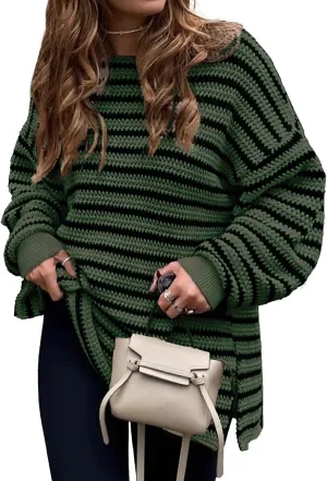 KIRUNDO Women's 2025 Fall Winter Oversized Long Sleeve Striped Sweater Casual Crewneck Side Split Pullover Knit Tops