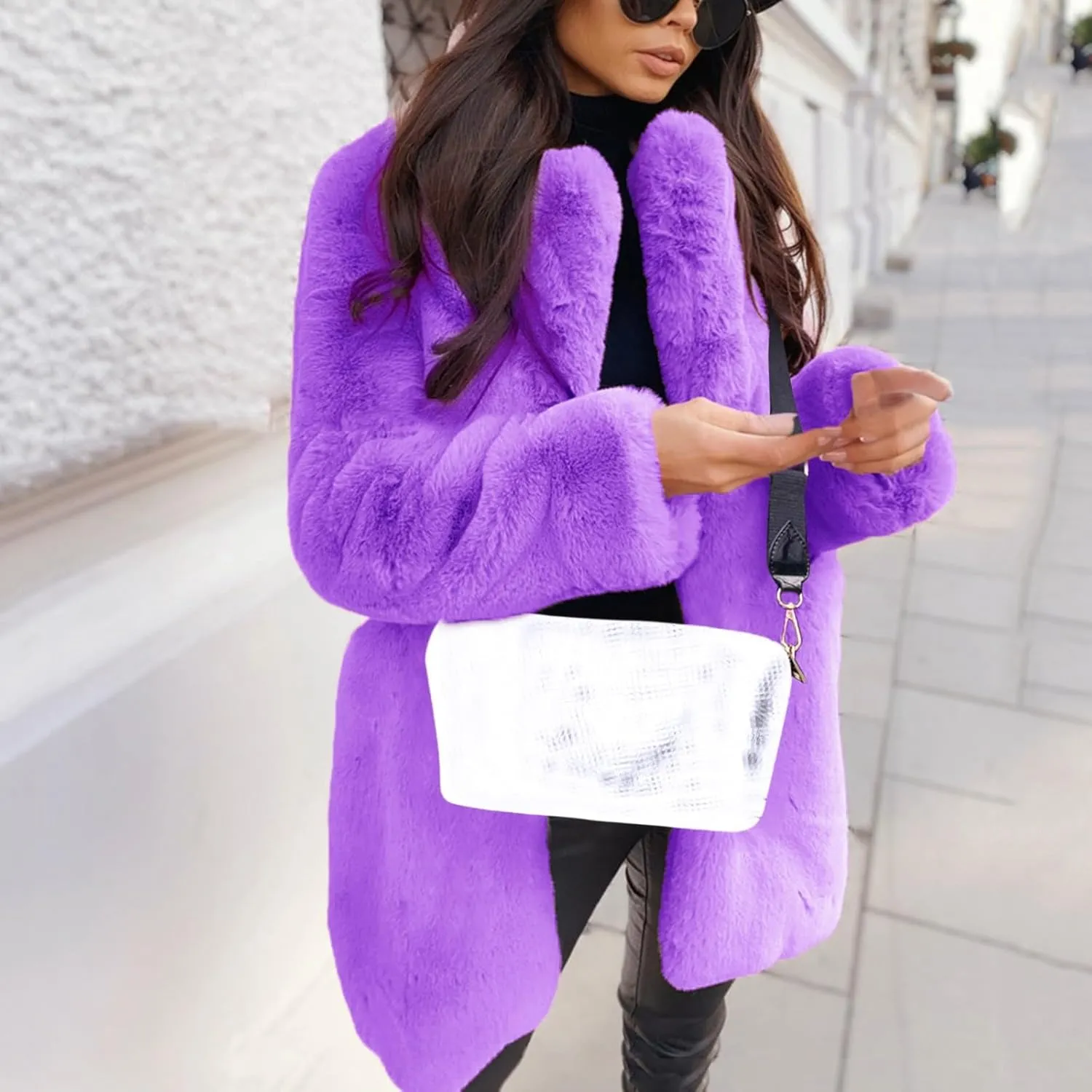 LCMTWX Winter Coats for Women Furry Women Long Jacket Faux Sleeve Short Warm Women's Coat Shaggy Coat Open Front White Faux