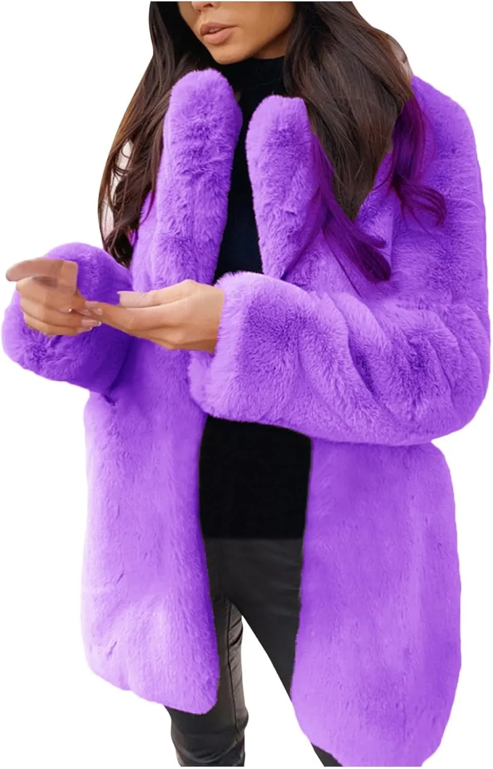 LCMTWX Winter Coats for Women Furry Women Long Jacket Faux Sleeve Short Warm Women's Coat Shaggy Coat Open Front White Faux