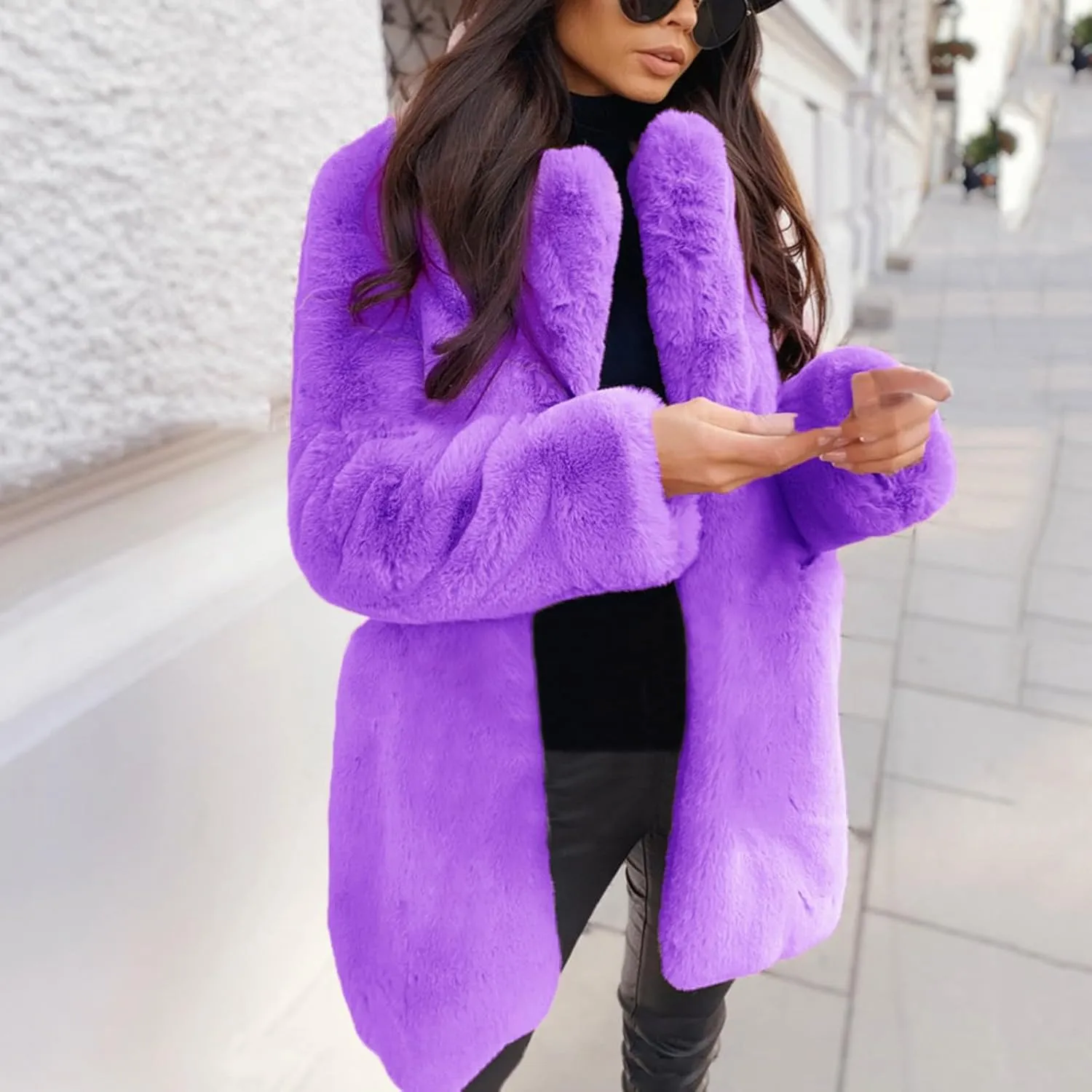 LCMTWX Winter Coats for Women Furry Women Long Jacket Faux Sleeve Short Warm Women's Coat Shaggy Coat Open Front White Faux