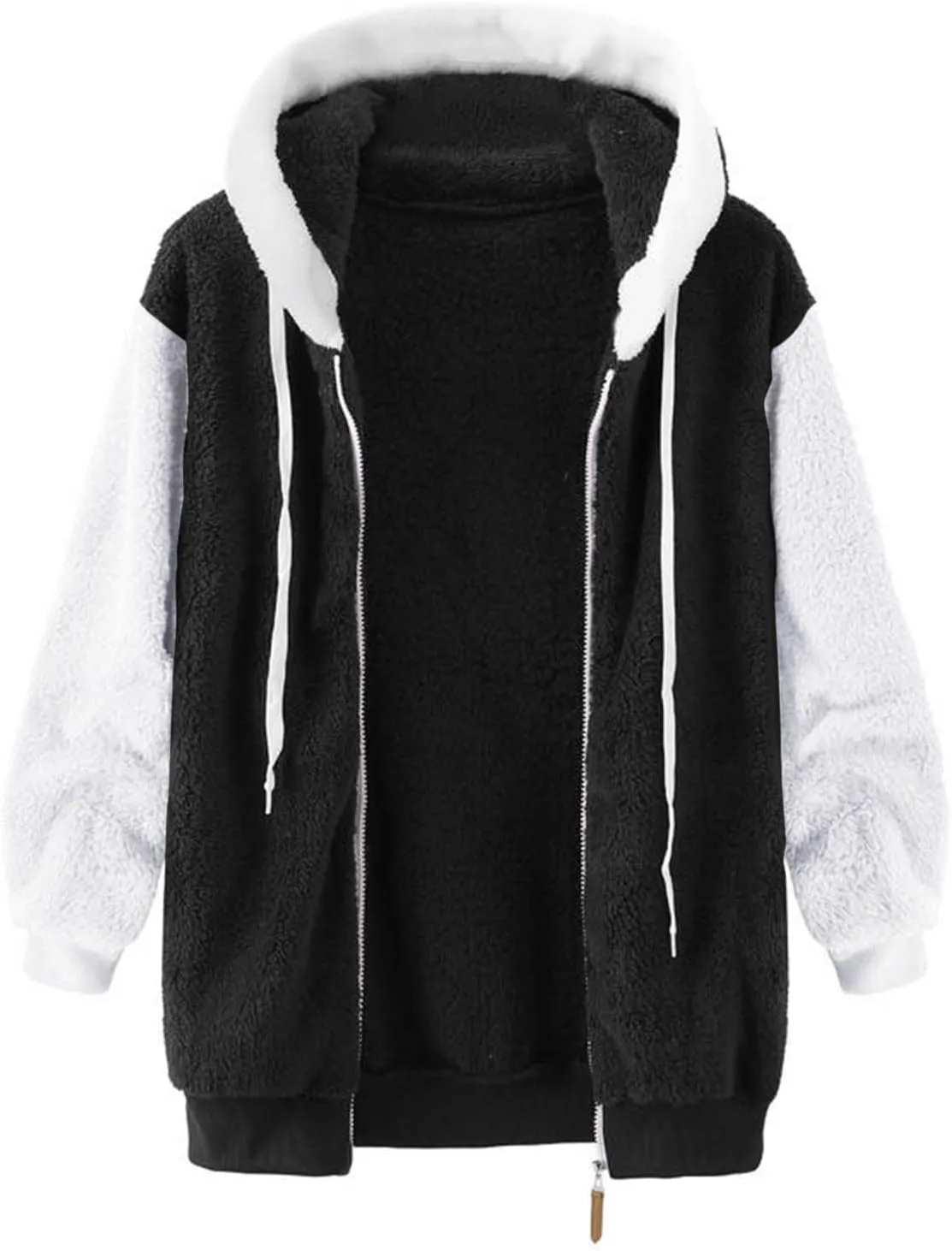 LCMTWX Womens Fuzzy Fleece Jacket Solid Color Artificial Wool Zipper Drawstring Long-Sleeved Hoodie Outerwear with