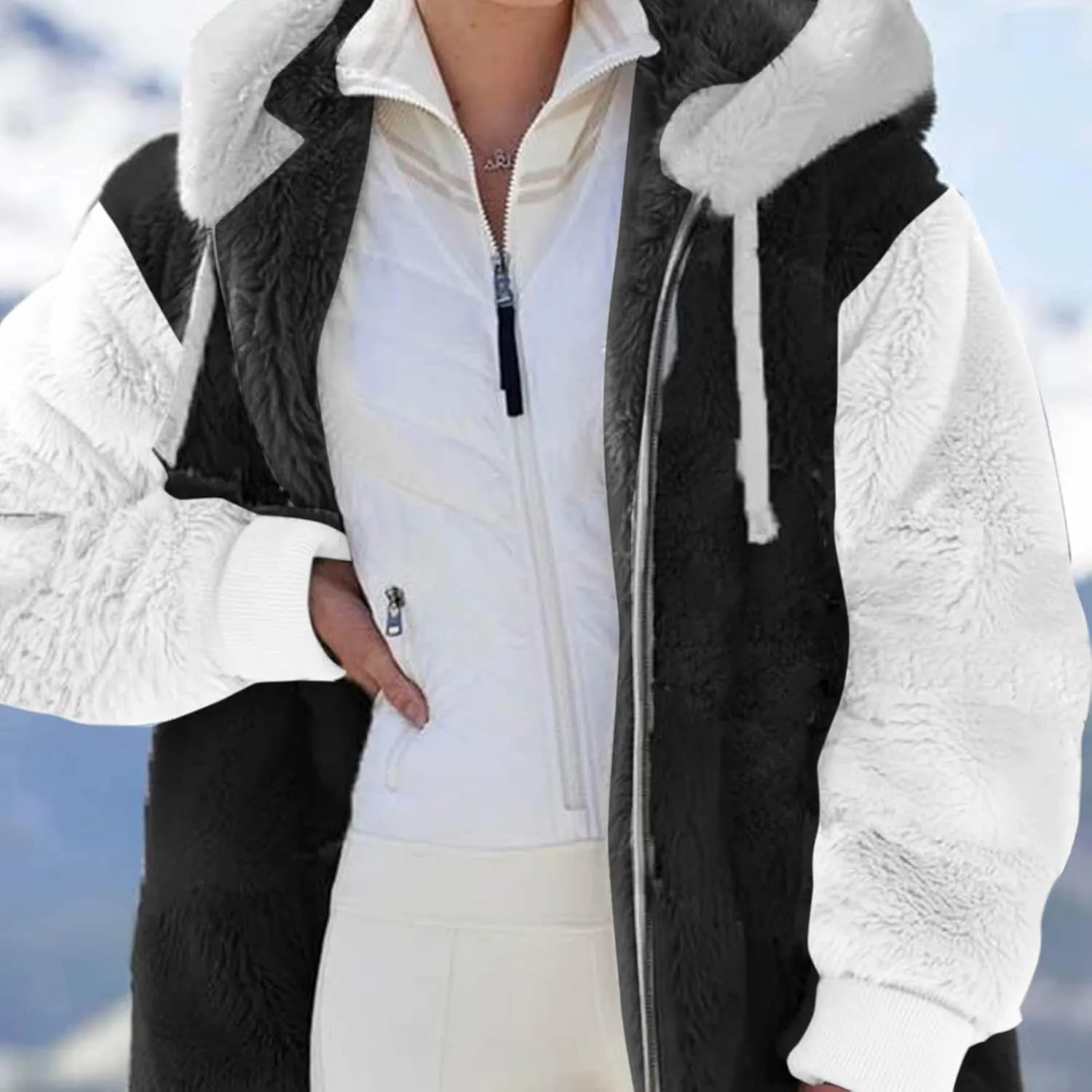 LCMTWX Womens Fuzzy Fleece Jacket Solid Color Artificial Wool Zipper Drawstring Long-Sleeved Hoodie Outerwear with
